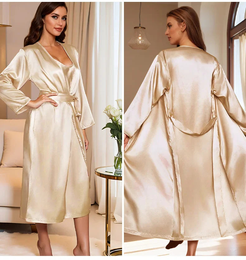 Women’s 2-Piece Pajama Set – Loose Robe & Cami Nightgown Loungewear