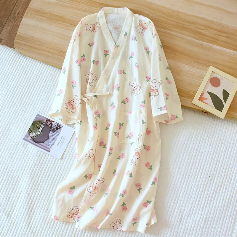 Japanese-style kimono pajamas summer new 100% cotton gauze pajamas nightgown ladies SPA yukata homewear long pajamas women