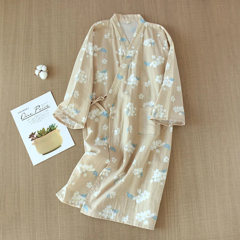 Japanese-style kimono pajamas summer new 100% cotton gauze pajamas nightgown ladies SPA yukata homewear long pajamas women