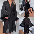 Women’s Satin Feather Trim Robe – Sexy Long Sleeve Nightgown Loungewear