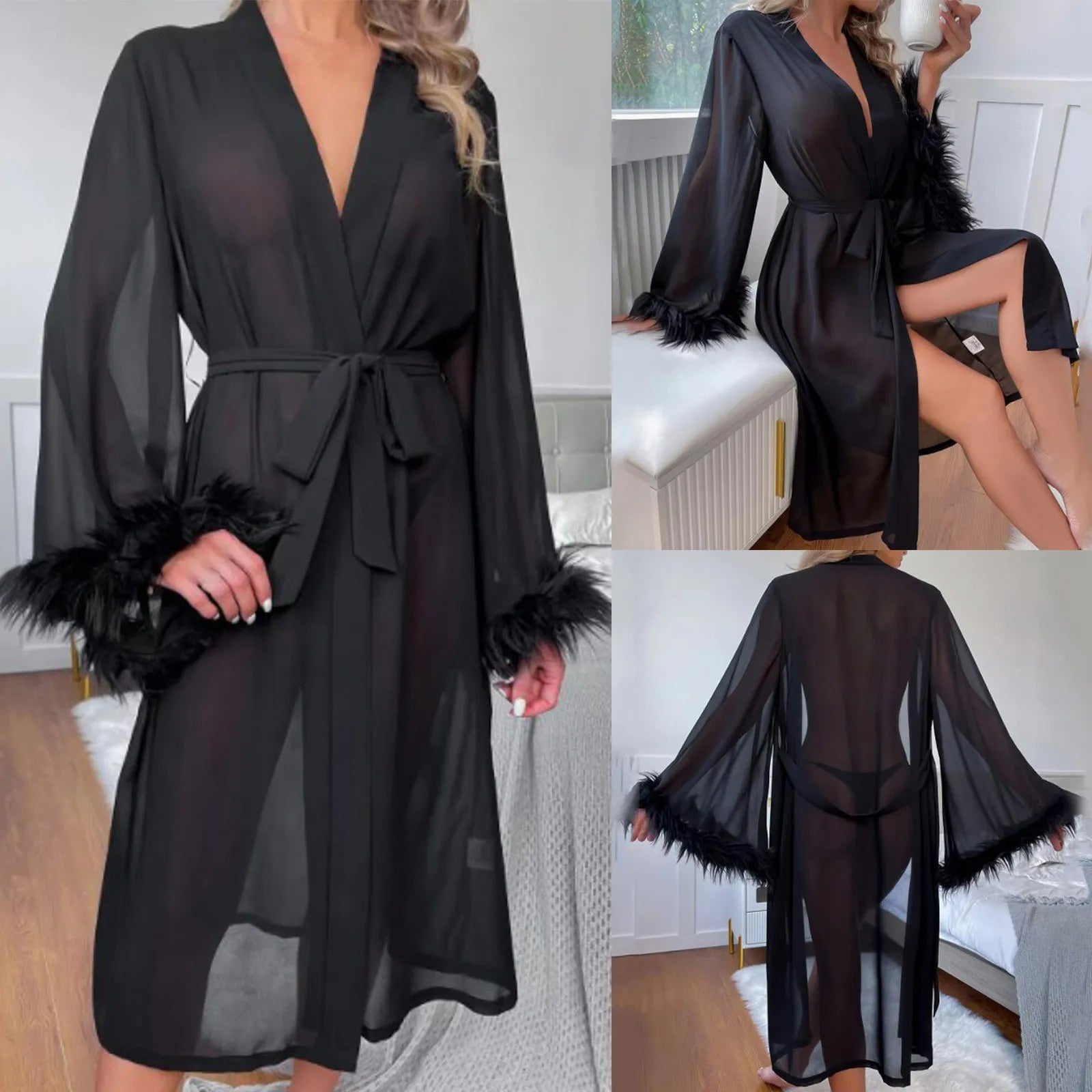 Women’s Satin Feather Trim Robe – Sexy Long Sleeve Nightgown Loungewear