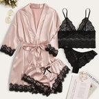 Women’s Elegant 4-Piece Satin Pajama Set – Lace Cami, Shorts & Robe Sleepwear