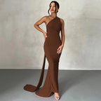 One Shoulder Backless Ruched Maxi Dress