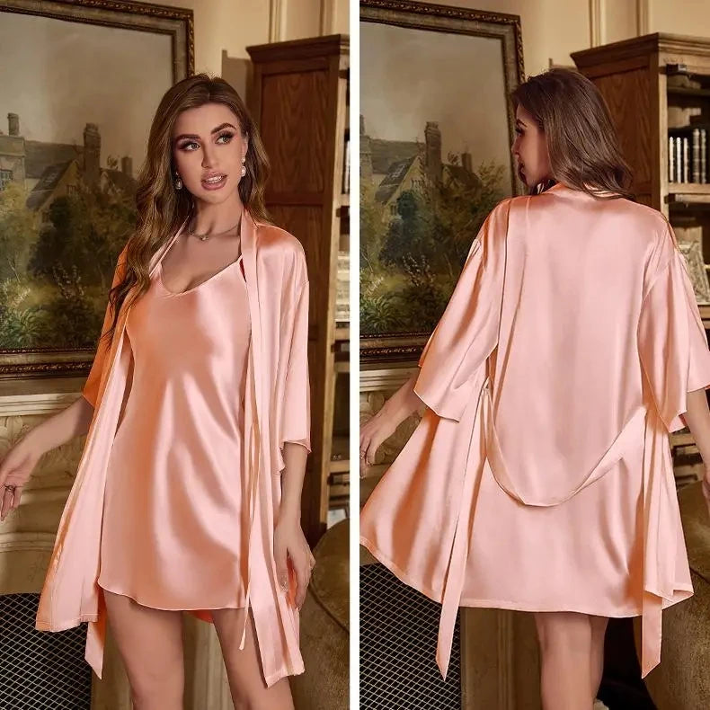 Women’s Elegant 2-Piece Rayon Robe Set – Kimono Nightgown Loungewear