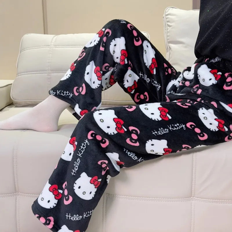 Stay Cozy in Style – Hello Kitty Cloud-Soft Flannel Pajama Pants for Winter Nights