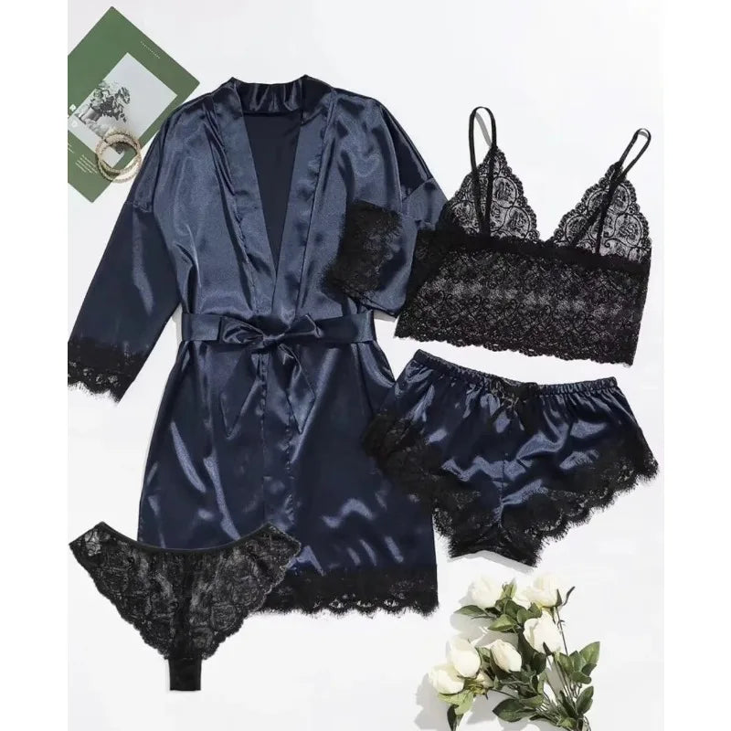 Women’s Elegant 4-Piece Satin Pajama Set – Lace Cami, Shorts & Robe Sleepwear