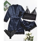 Women’s Elegant 4-Piece Satin Pajama Set – Lace Cami, Shorts & Robe Sleepwear