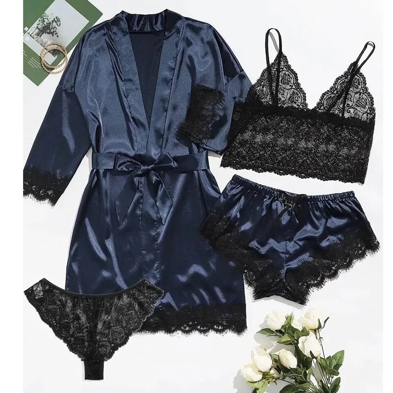 Women’s Elegant 4-Piece Satin Pajama Set – Lace Cami, Shorts & Robe Sleepwear