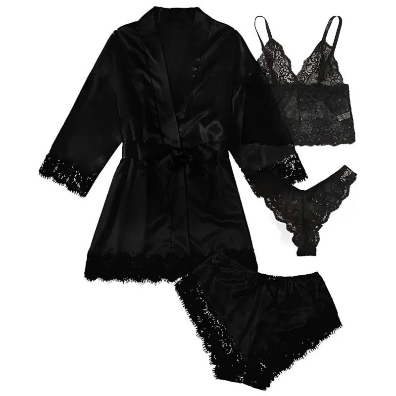 Women’s Elegant 4-Piece Satin Pajama Set – Lace Cami, Shorts & Robe Sleepwear