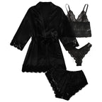 Women’s Elegant 4-Piece Satin Pajama Set – Lace Cami, Shorts & Robe Sleepwear
