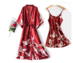Women’s Silky 2-Piece Pajama Set – V-Neck Nightgown & Robe Loungewear