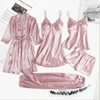 Women’s 5-Piece Satin Pajama Set – Silk Lace Robe & Sexy Nightwear Set
