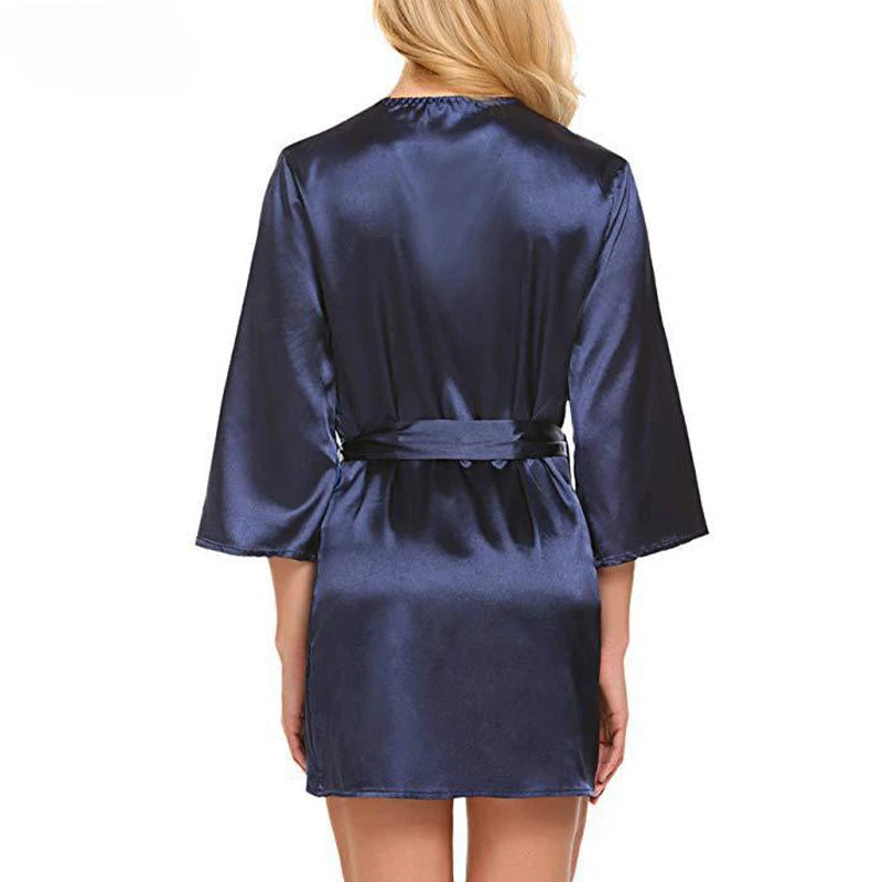 Women’s Silk-Feel Lace-Up Robe – Long Sleeve Elegant Sleepwear Nightgown