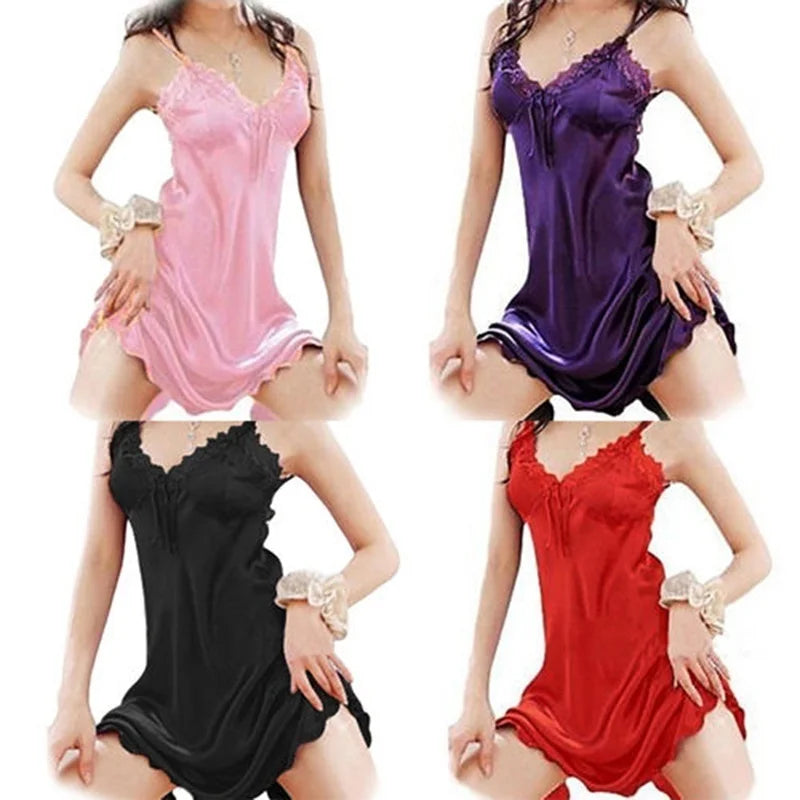 Women’s Satin Lace Babydoll Nightgown – Sexy Off-Shoulder Sleepwear Dress