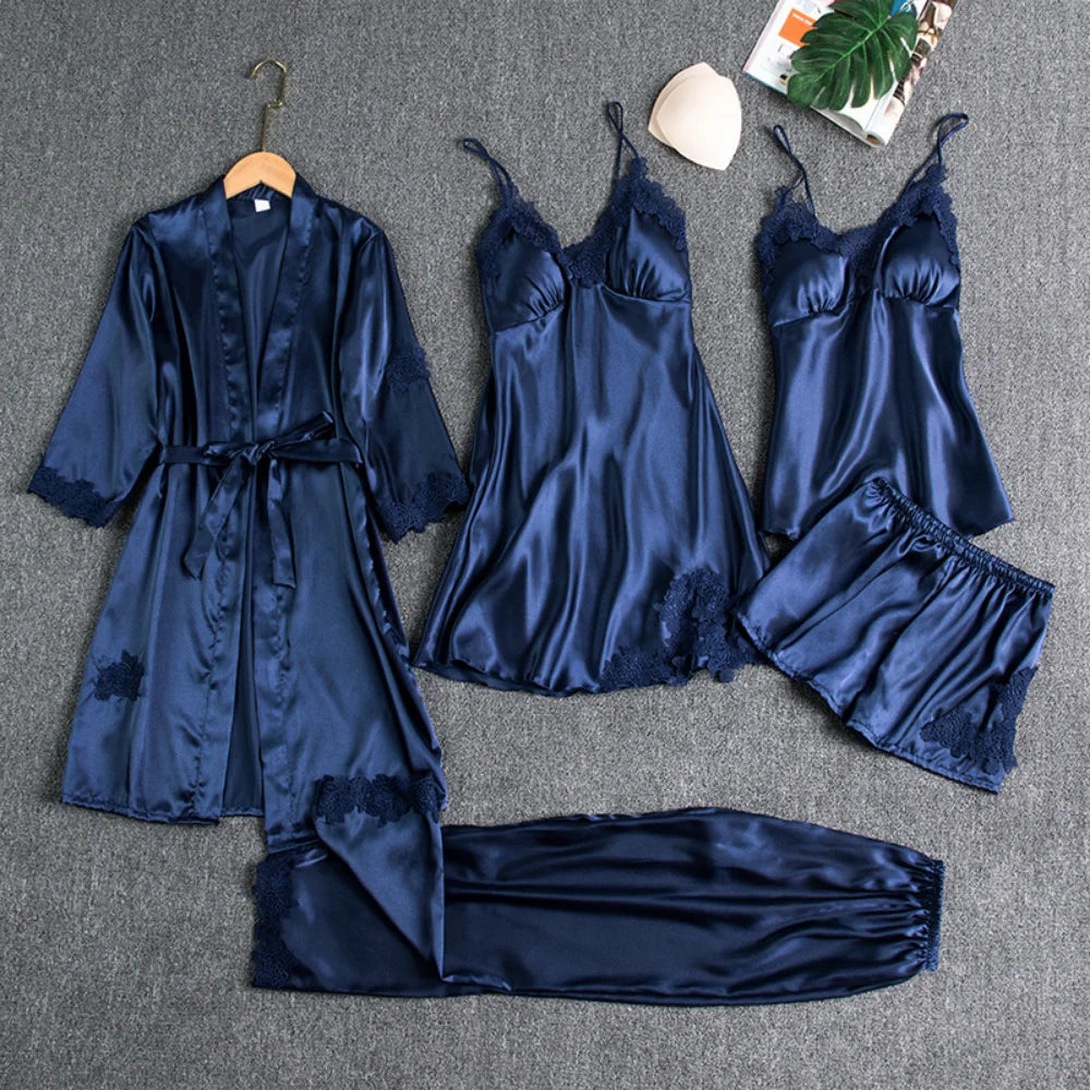 Women’s 5-Piece Satin Pajama Set – Silk Lace Robe & Sexy Nightwear Set
