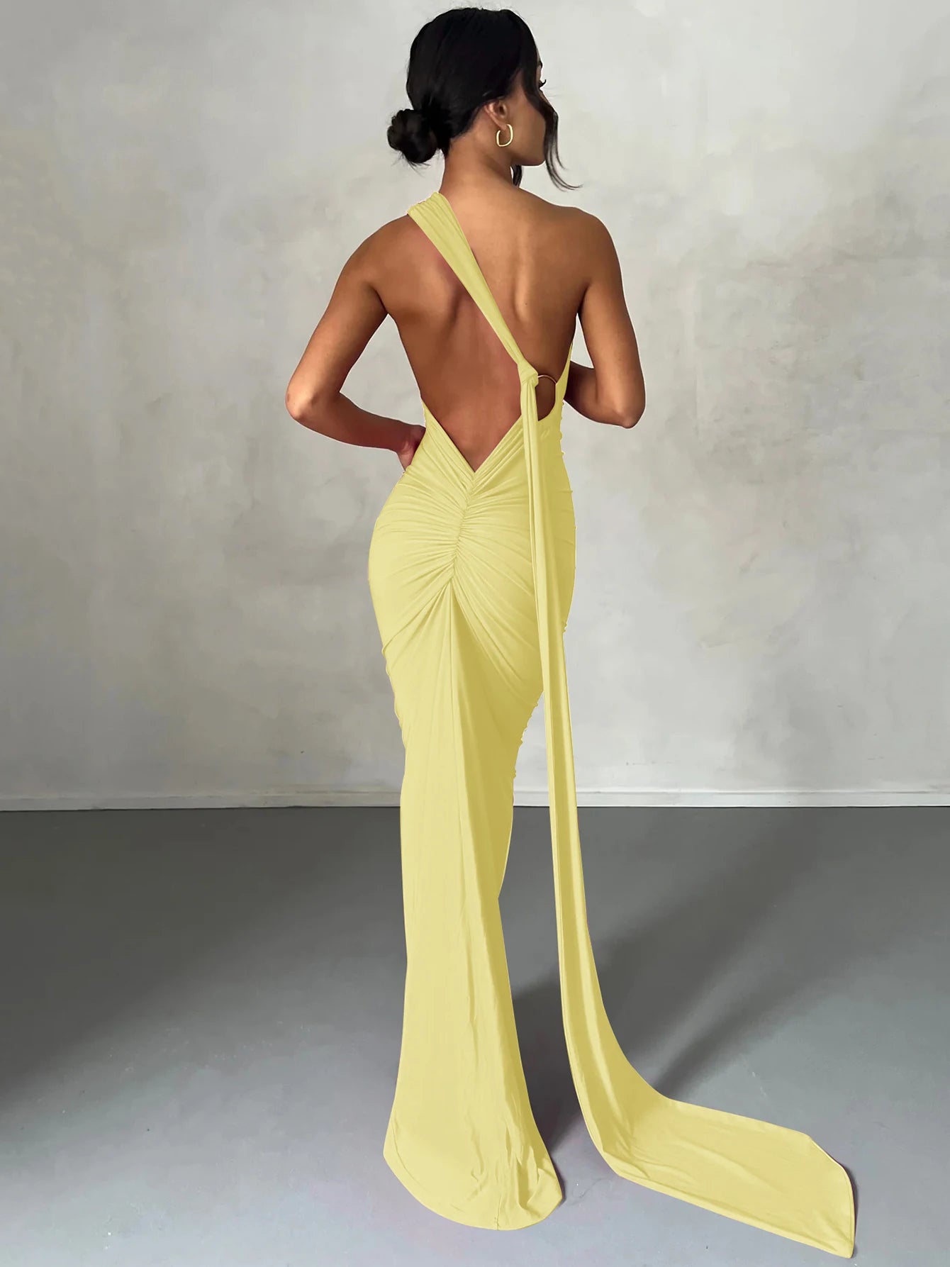 One Shoulder Backless Ruched Maxi Dress