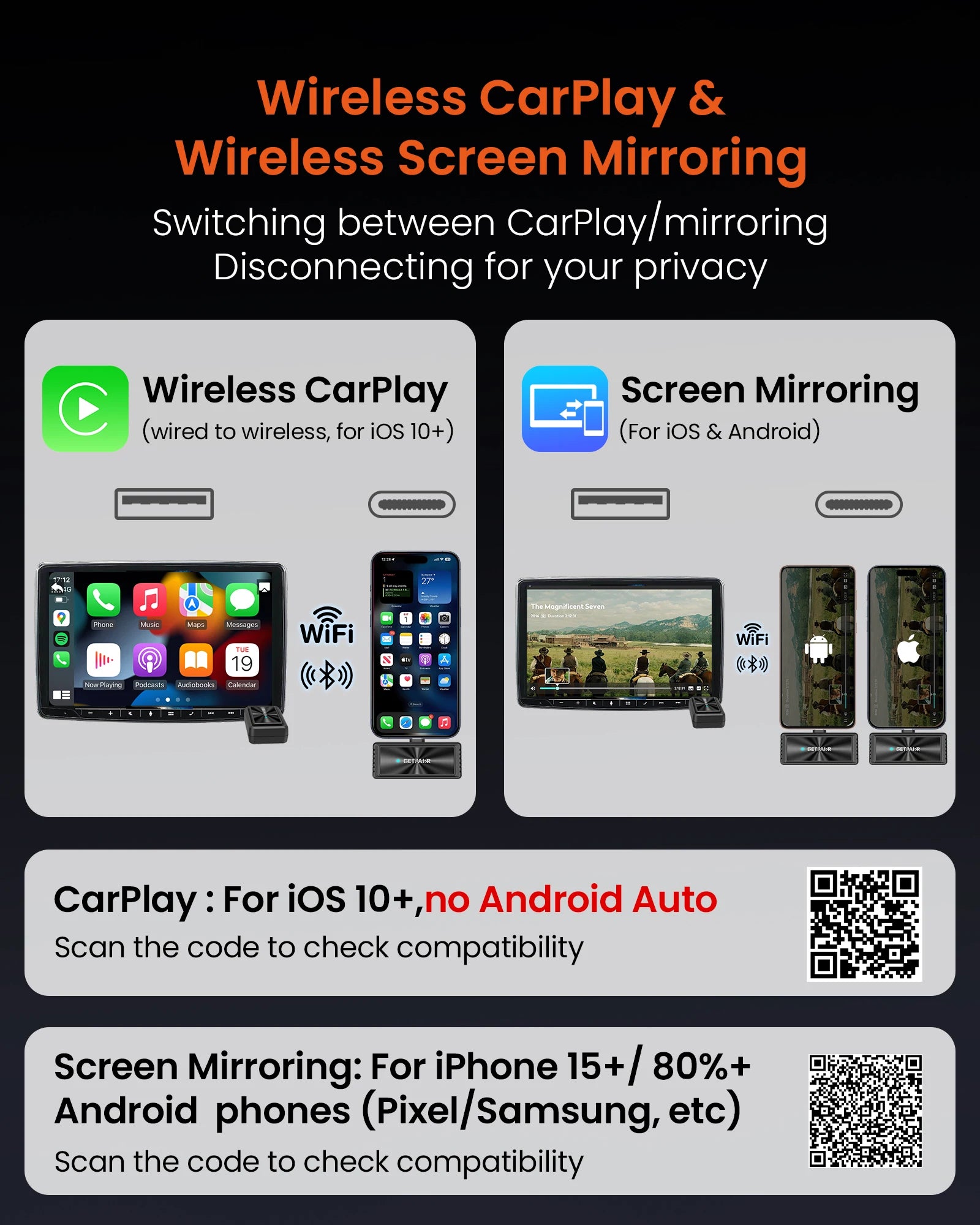 Getpairr Wireless Carplay Adapter Screen Mirroring Touch Car Accessories Video Box iOS & Android Mirroring for VW Audi Benz Toyo