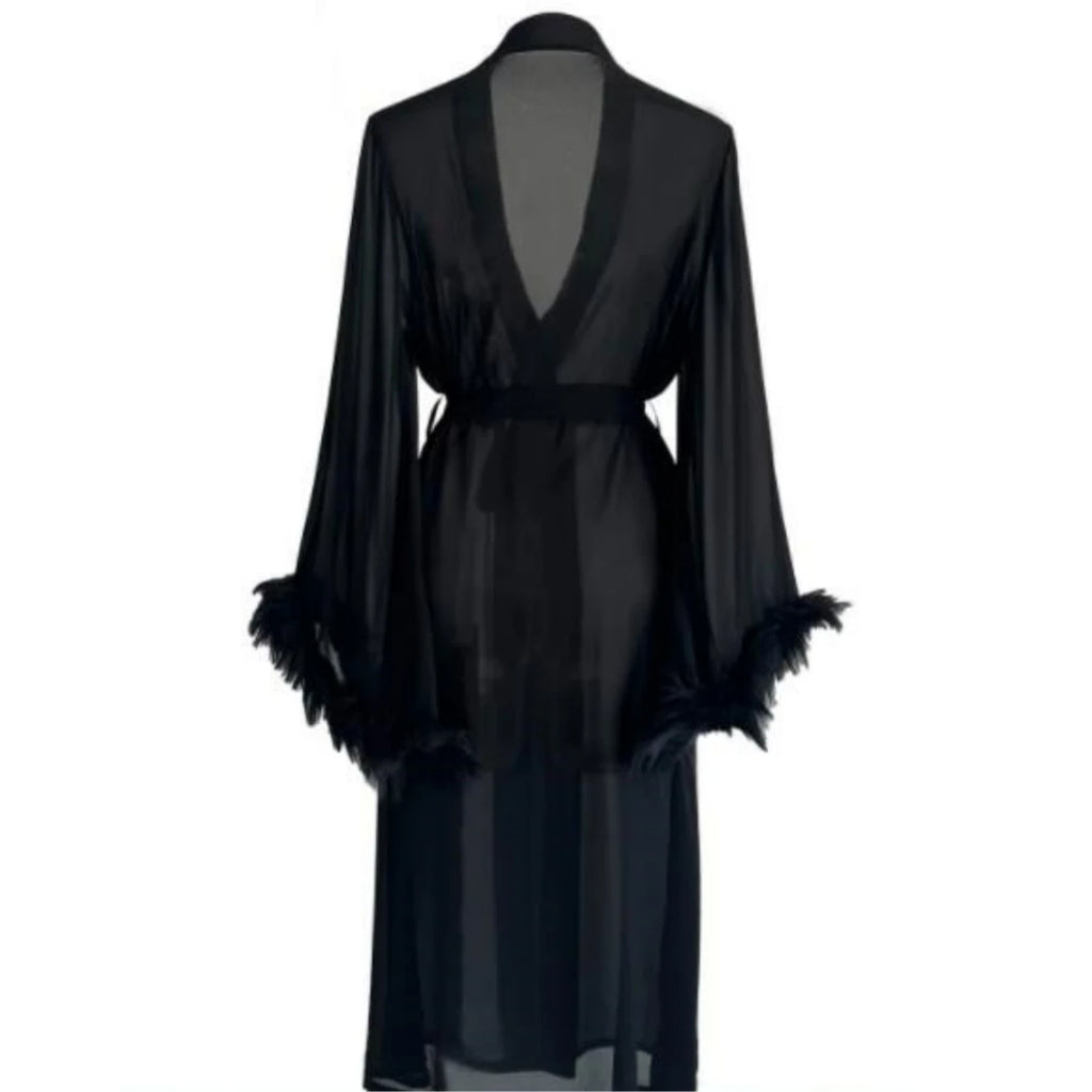 Women’s Satin Feather Trim Robe – Sexy Long Sleeve Nightgown Loungewear
