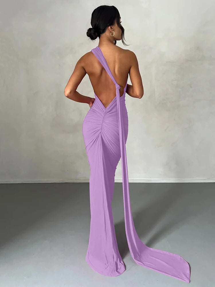One Shoulder Backless Ruched Maxi Dress