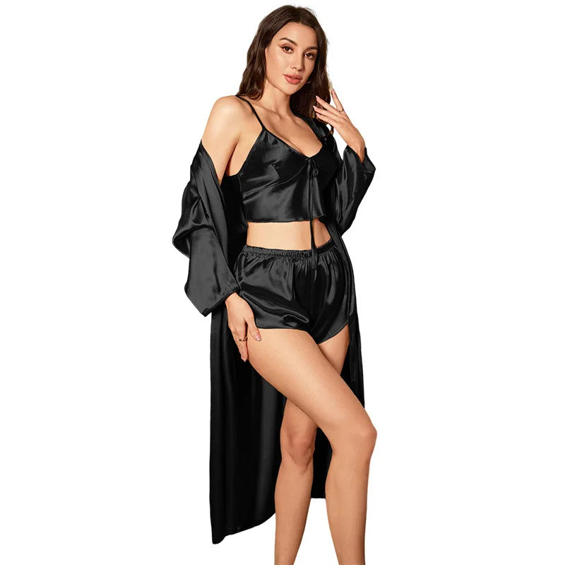 Women’s 3-Piece Satin Pajama Set – Sexy Nightdress, Cami & Robe Sleepwear