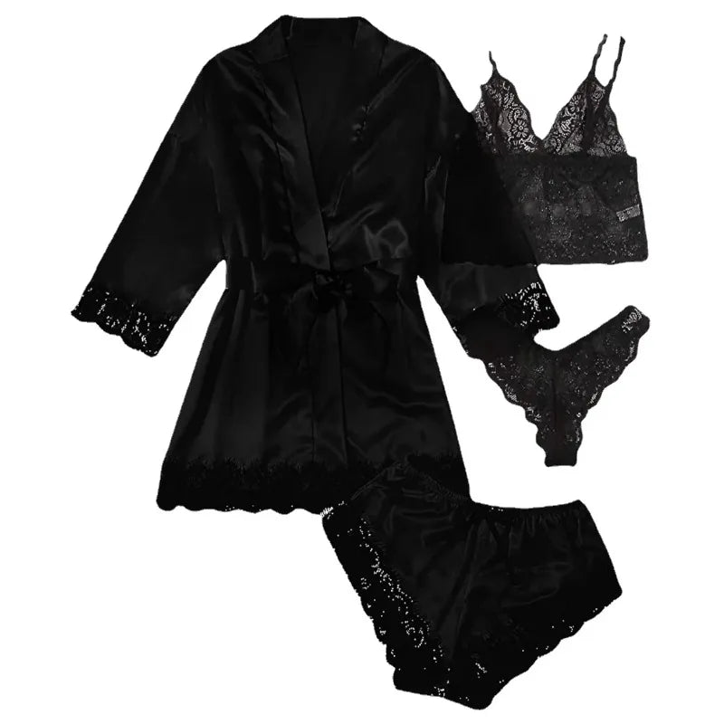 Women’s Elegant 4-Piece Satin Pajama Set – Lace Cami, Shorts & Robe Sleepwear