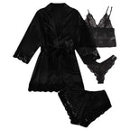 Women’s Elegant 4-Piece Satin Pajama Set – Lace Cami, Shorts & Robe Sleepwear