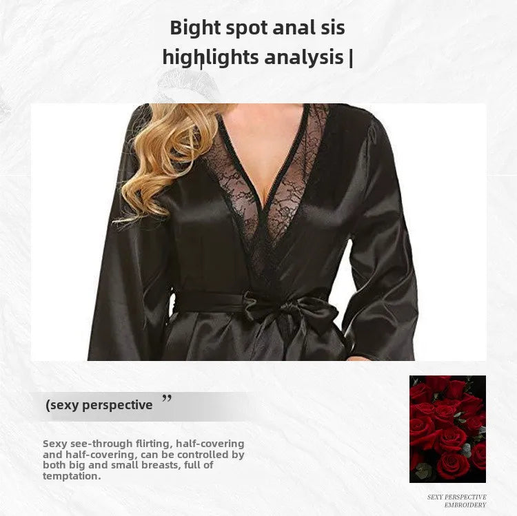 Women’s Silk-Feel Lace-Up Robe – Long Sleeve Elegant Sleepwear Nightgown