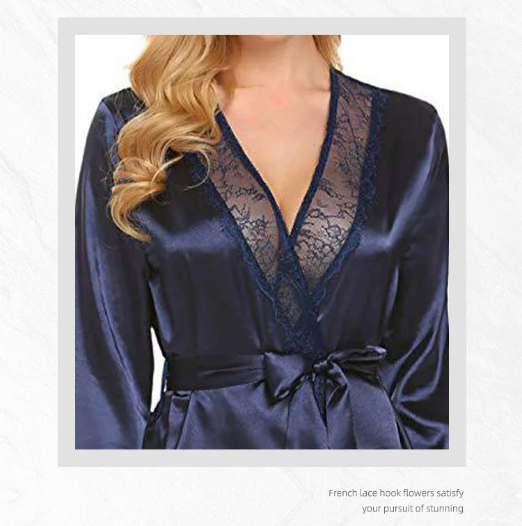 Women’s Silk-Feel Lace-Up Robe – Long Sleeve Elegant Sleepwear Nightgown