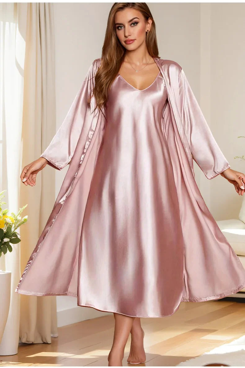 Women’s 2-Piece Pajama Set – Loose Robe & Cami Nightgown Loungewear