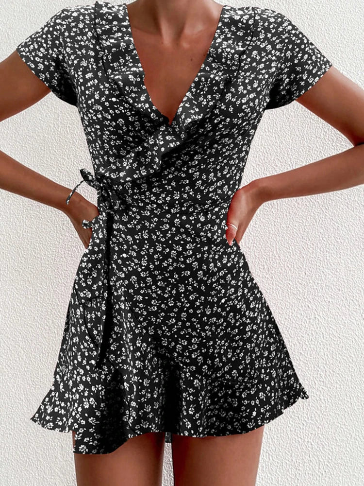 Floral Ruffle V-Neck A-Line Mini Dress 🌸✨