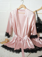 Women’s 4-Piece Satin Pajama Set – Silk Robe, Nightgown & Lace Sleepwear Set
