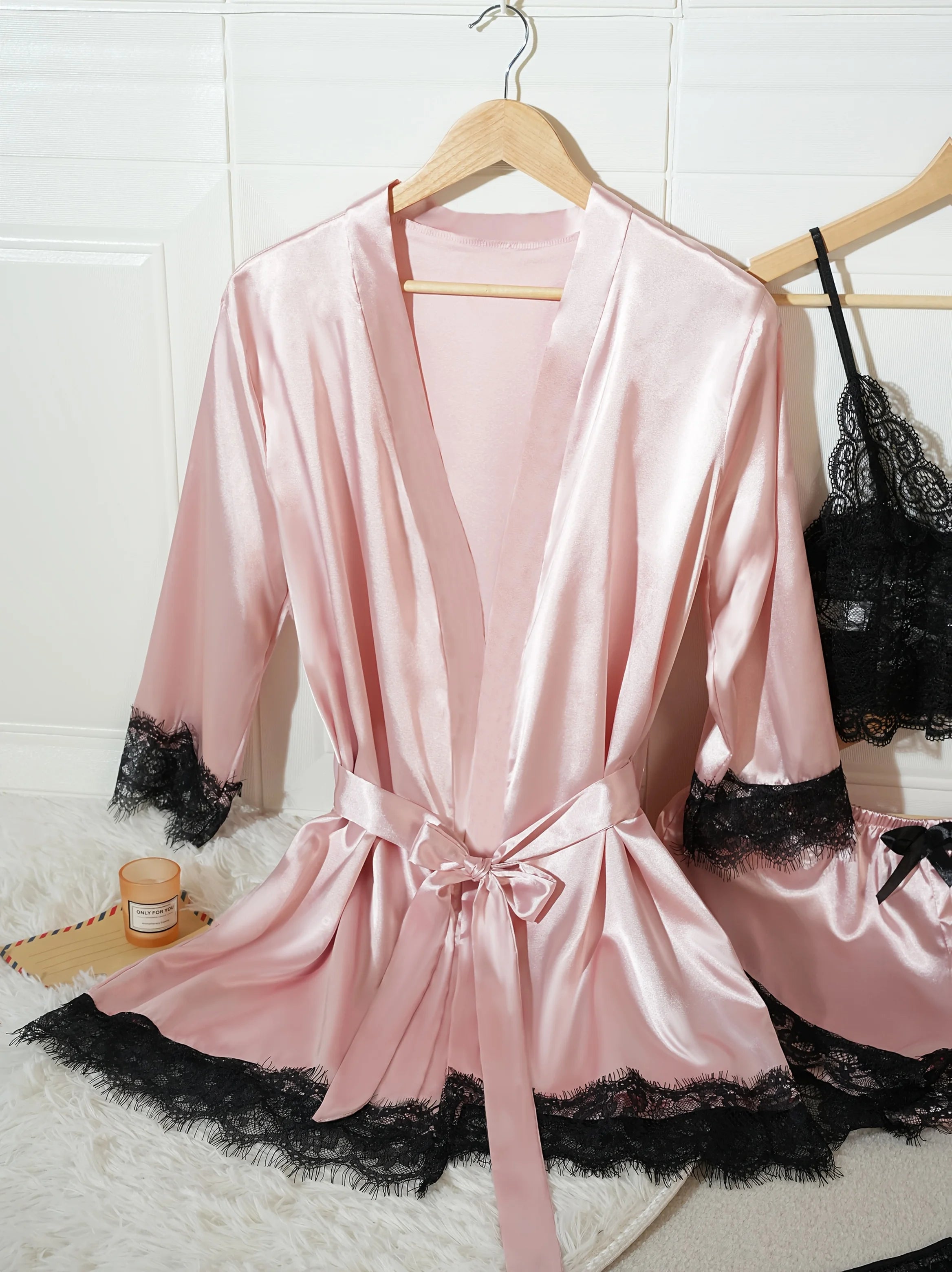Women’s 4-Piece Satin Pajama Set – Silk Robe, Nightgown & Lace Sleepwear Set