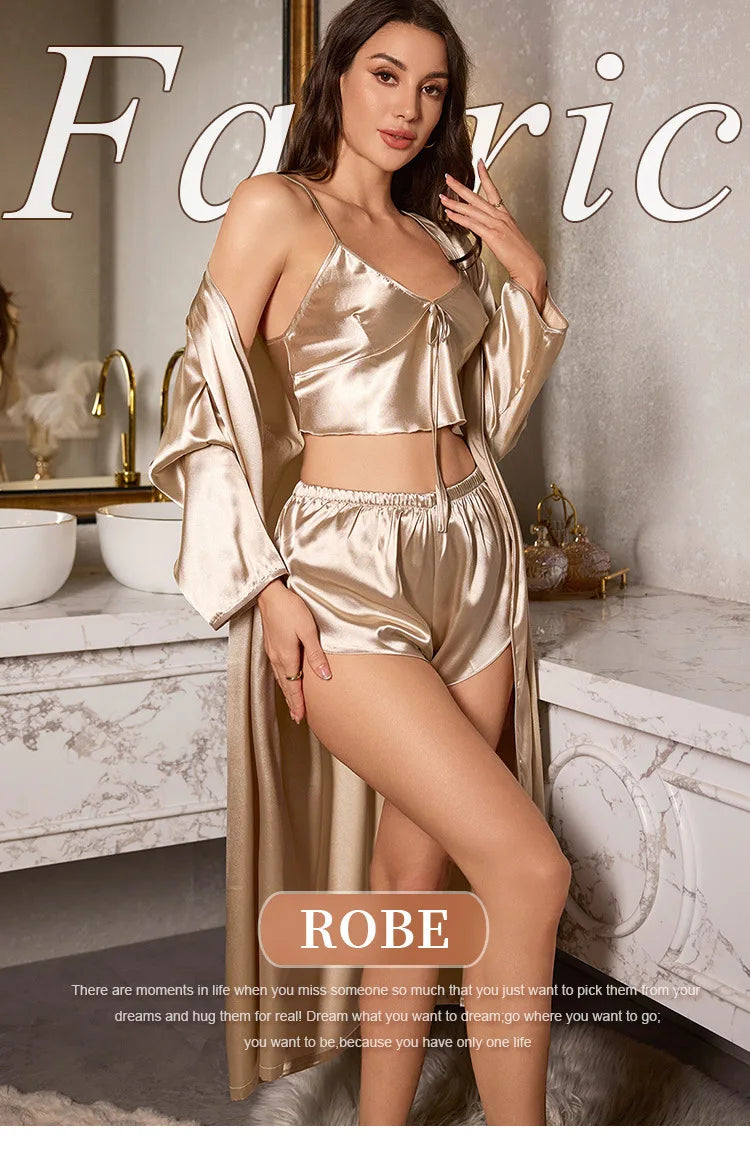 Women’s 3-Piece Satin Pajama Set – Sexy Nightdress, Cami & Robe Sleepwear