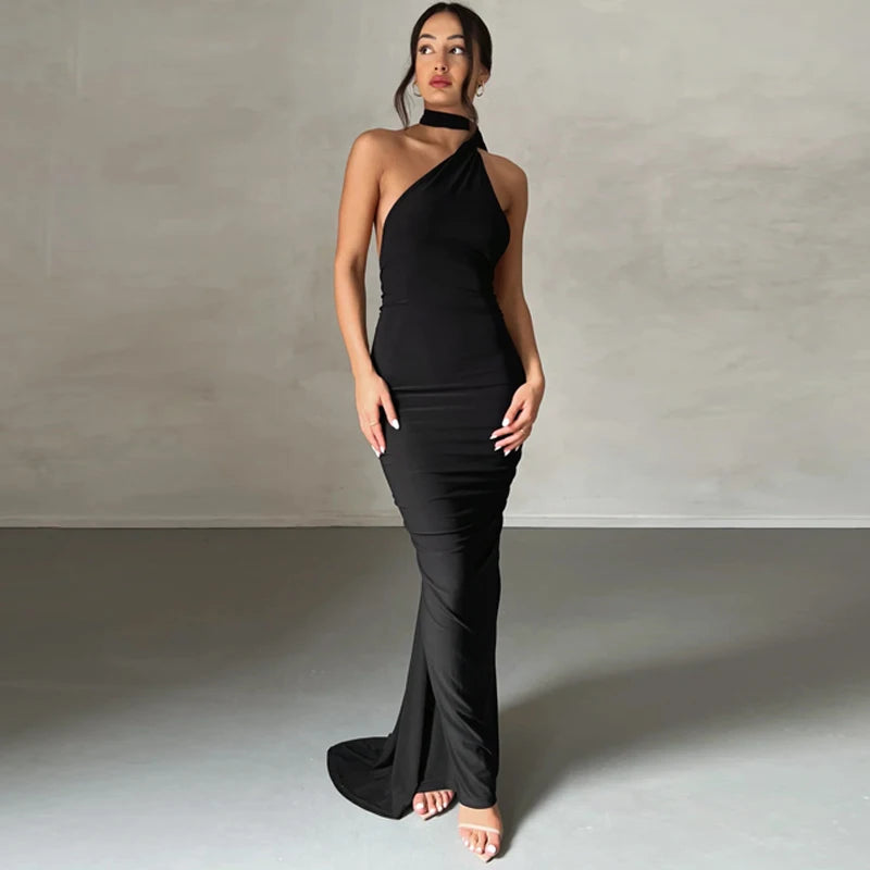 One Shoulder Backless Ruched Maxi Dress