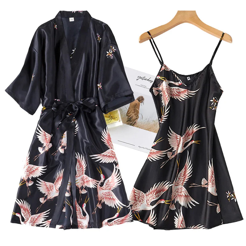 Women’s Silky 2-Piece Pajama Set – V-Neck Nightgown & Robe Loungewear