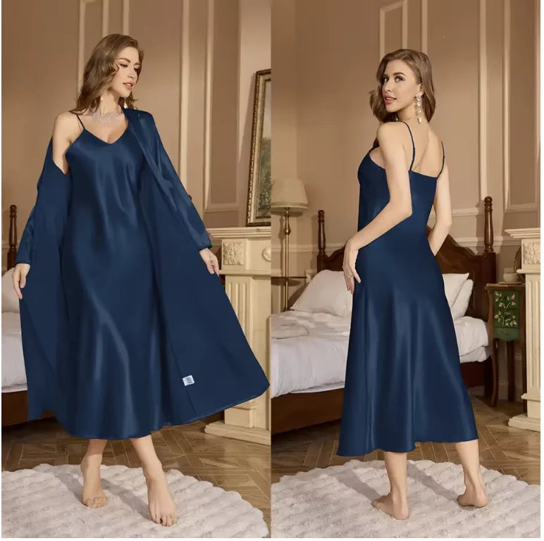 Women’s 2-Piece Pajama Set – Loose Robe & Cami Nightgown Loungewear