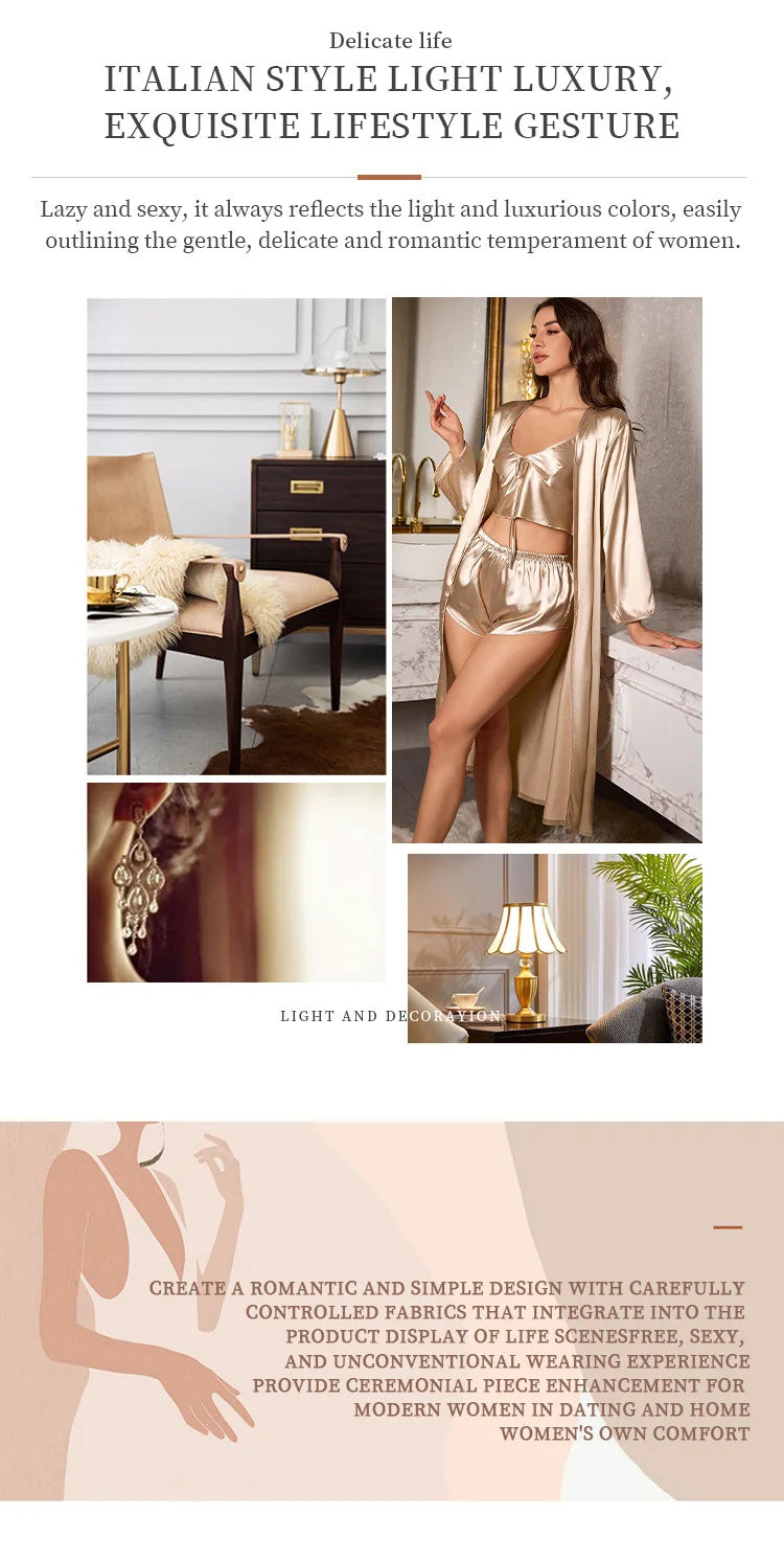 Women’s 3-Piece Satin Pajama Set – Sexy Nightdress, Cami & Robe Sleepwear