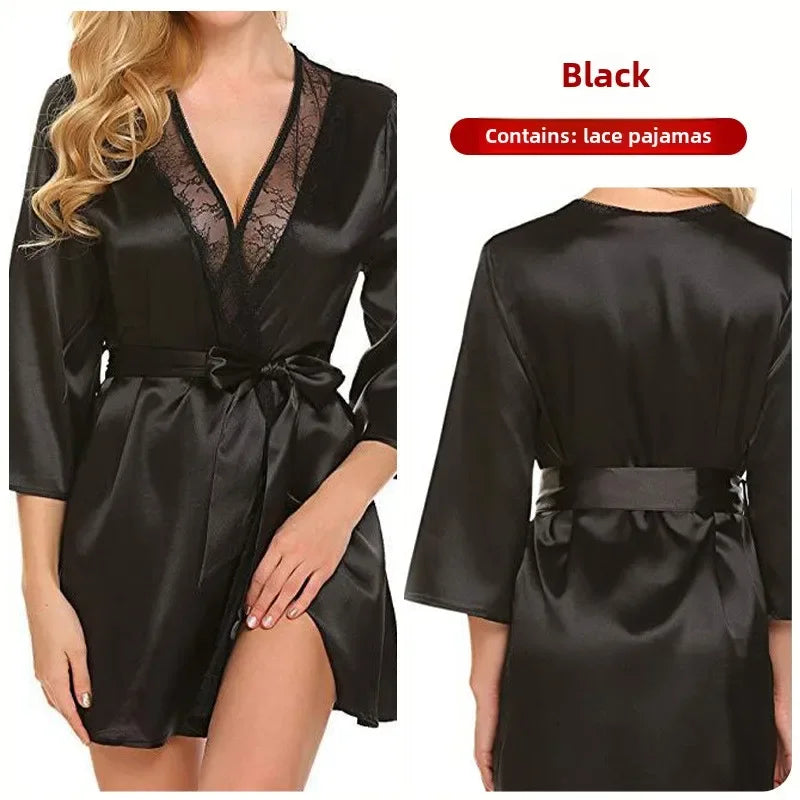 Women’s Silk-Feel Lace-Up Robe – Long Sleeve Elegant Sleepwear Nightgown
