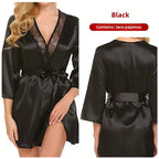 Women’s Silk-Feel Lace-Up Robe – Long Sleeve Elegant Sleepwear Nightgown
