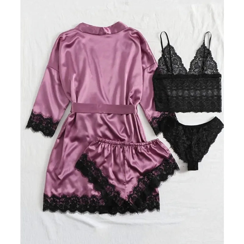 Women’s Elegant 4-Piece Satin Pajama Set – Lace Cami, Shorts & Robe Sleepwear