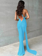 One Shoulder Backless Ruched Maxi Dress