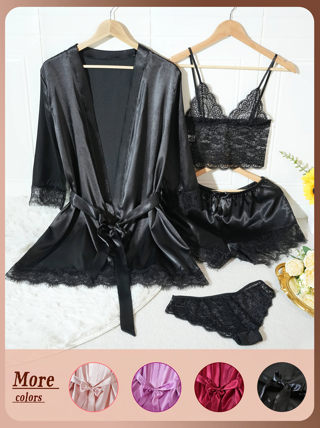 Women’s 4-Piece Satin Pajama Set – Silk Robe, Nightgown & Lace Sleepwear Set