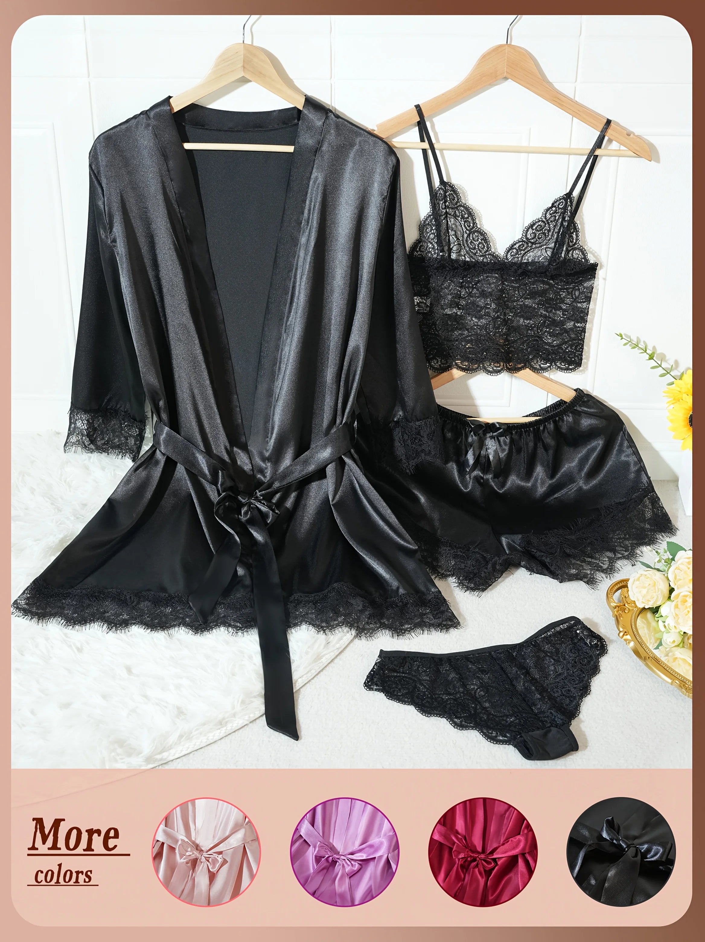 Women’s 4-Piece Satin Pajama Set – Silk Robe, Nightgown & Lace Sleepwear Set