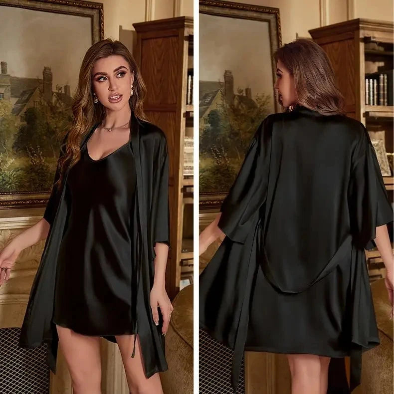 Women’s Elegant 2-Piece Rayon Robe Set – Kimono Nightgown Loungewear