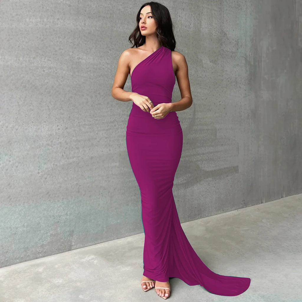 One Shoulder Backless Ruched Maxi Dress