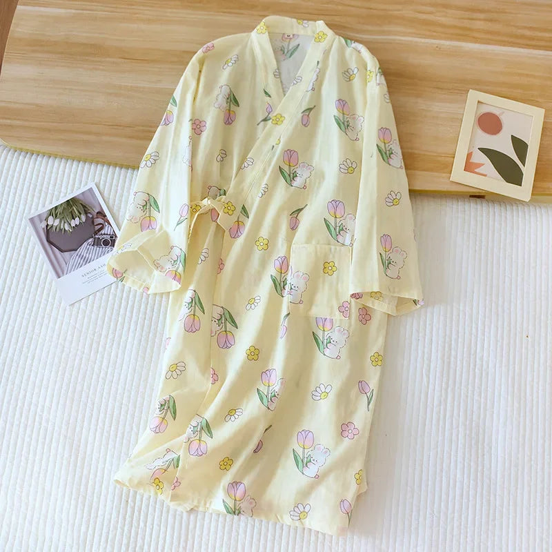 Japanese-style kimono pajamas summer new 100% cotton gauze pajamas nightgown ladies SPA yukata homewear long pajamas women