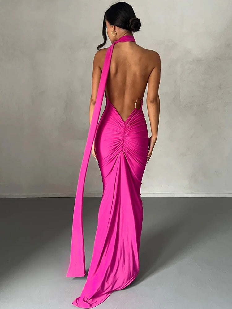 One Shoulder Backless Ruched Maxi Dress