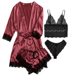 Women’s Elegant 4-Piece Satin Pajama Set – Lace Cami, Shorts & Robe Sleepwear