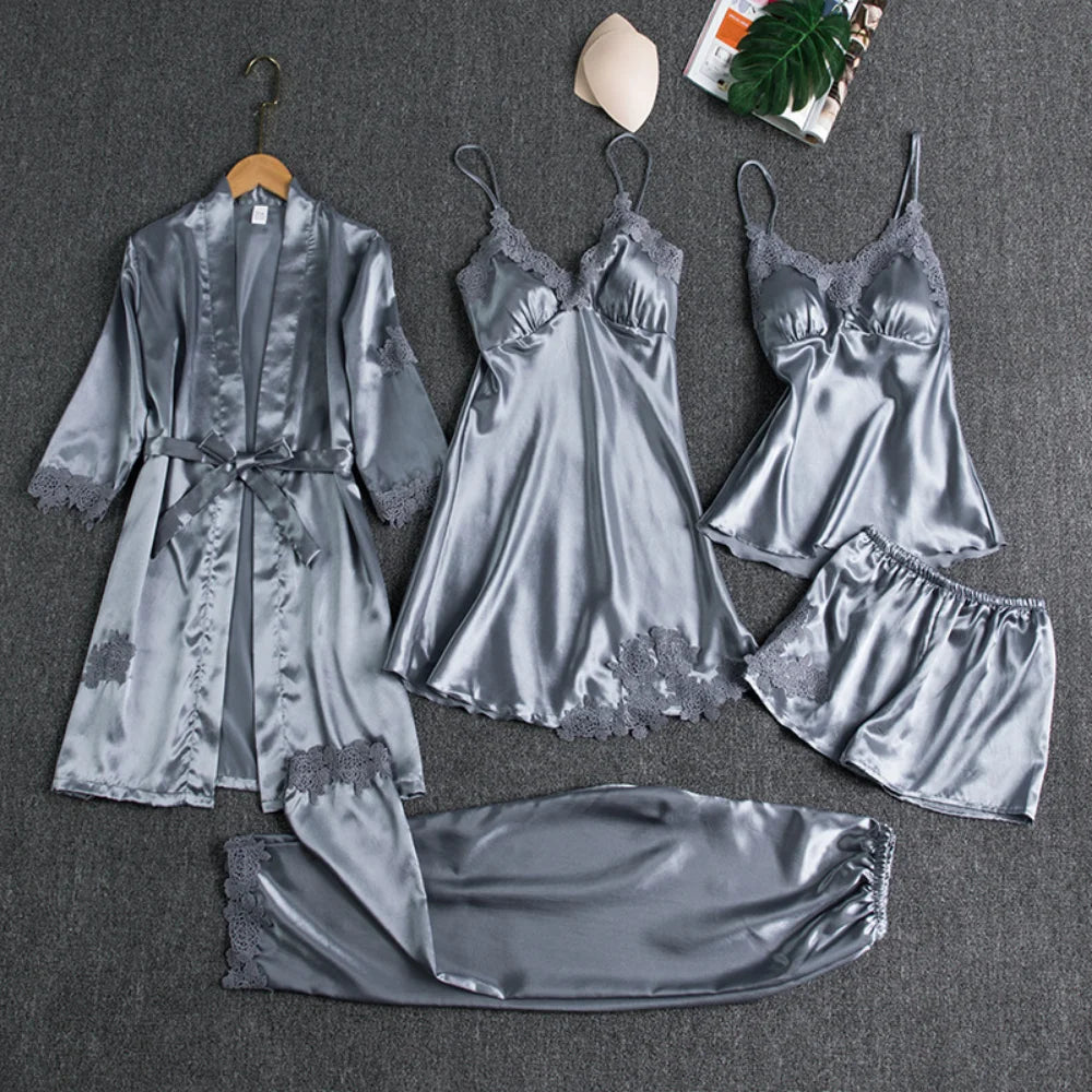 Women’s 5-Piece Satin Pajama Set – Silk Lace Robe & Sexy Nightwear Set