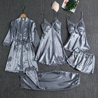 Women’s 5-Piece Satin Pajama Set – Silk Lace Robe & Sexy Nightwear Set